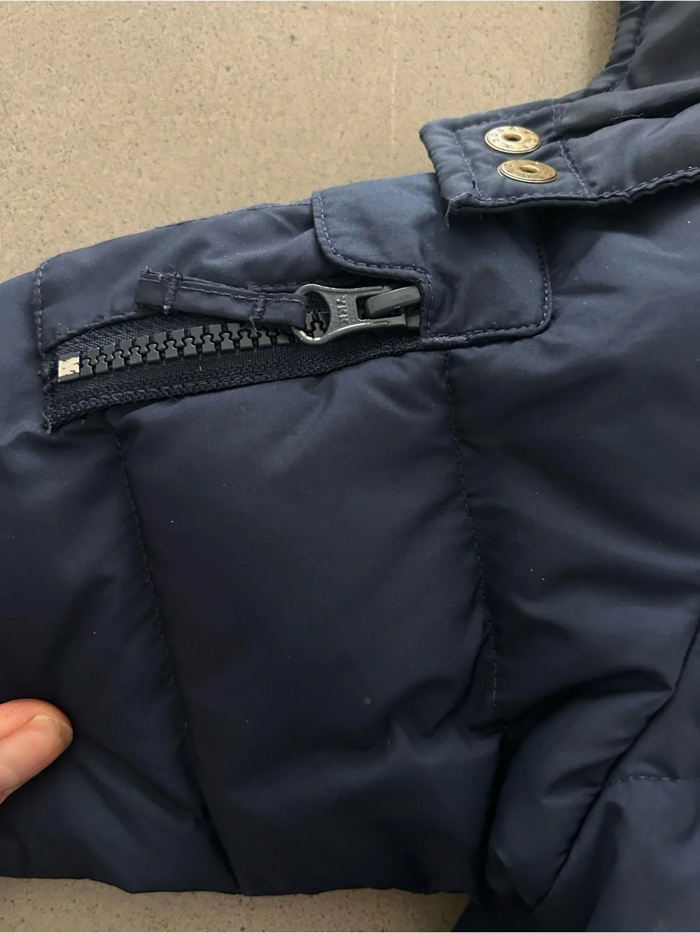 12M Polo Ralph Lauren Navy Puffer Jacket with Red Pony detachable hood EUC